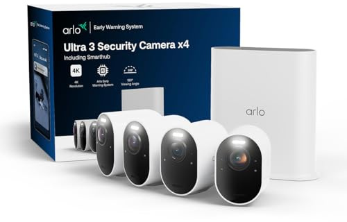Arlo Ultra 3 säkerhetskamera utomhus trådlös, 4K UHD, 180 visning, AI-detektion, automatisk spårning, mörkerseende i färg, CCTV, Arlo Secure Trial ingår, 4 kameror med Smarthub för lokal förvaring