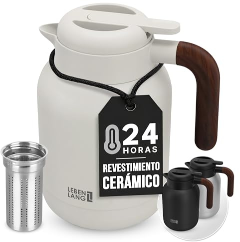 LEBENLANG Thermos café 1,5L Blanc - Revêtement céramique & sans BPA I 24h au chaud & Incl. passoire à thé I Bouteille isotherme Pichet cafe inox Termos carafe isotherme Bouilloire