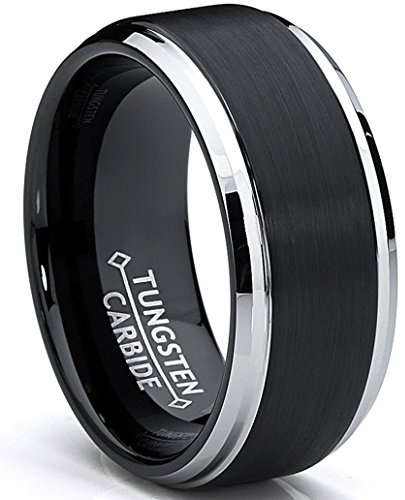 9MM Black Two Tone Tungsten Carbide Men's Brushed Wedding Band Ring, Comfort Fit Size 11