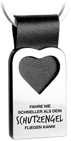 FABACH Herz Schlüsselanhänger mit Gravur aus Leder - Fahr vorsichtig Schutzengel Glücksbringer Auto Anhänger für Partner - Fahre nie schneller als dein Schutzengel fliegen kann