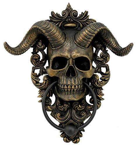 Nemesis Now Horned Skull Door Knocker, Gold Diabolus Türklopfer mit Hörnern, Totenkopf, Harz, 25 cm