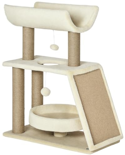 PawHut Cat Tree for Indoor Cats with Scratching Posts Pad, Kitten Tower with Bed Perch Ball Toy, 60 x 30 x 76 cm, Light Brown
