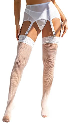 ohyeahlady Damen Strapsen Dessous Set mit Strümpfe Spitzen Sexy Strapsgürtel Breit mit 6 Strapsen Strumpfhalter Hüfthalter Strumpfband mit Slip Weiß,XL-XXL
