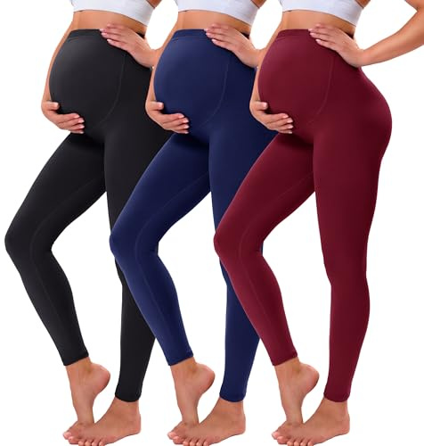VALANDY graviditetsleggings över bula smör mjukt magstöd töjbar justerbar hög midja graviditetsbyxor yoga pyjamas, 3 Pack-svart/marinblå/vinröd, M