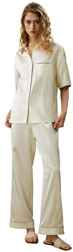 LilySilk Seidenpyjama-Set für Damen 100% Kurzarm-Knopfleiste-Pyjamabluse Oberteil & Hose mit mittelhoher Taille Freizeit(Lilienweiß,M)