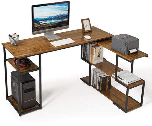 Mondeer Bureau Informatique, Bureau d'Ordinateur avec Étagère Rangement à Pivotante à 360 Degrés et Étagère Réglables, Gain d’Espace pour Bureau et Salle d‘Etude, 135x110x75cm, Marron Rustique