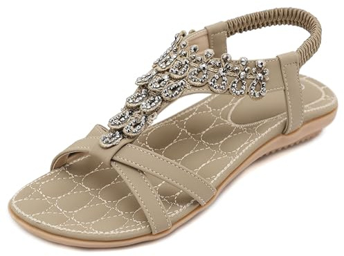 Amissz Women Sandals Flat Shoes Comfort Walking with Non Slip on Casual Summer Beach Sandals Dress Ankle Elastic Open Toe Rhinestone Bohemian Beige Size 4
