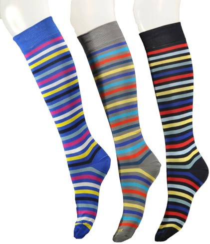 (3 PAIA) Calze donna gambaletto, elasticizzate, in pregiatissimo cotone filo di scozia con righe multicolore - 100% made in (Brescia) Italy (Assort. 4)