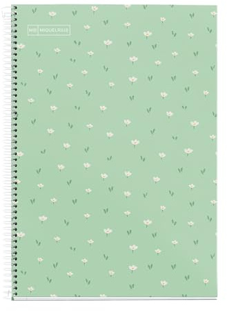 Miquelrius Cahier scolaire 4 x 4 mm, format folio (215 x 309 mm), 80 feuilles de 90 g/m², quadrillage 4 x 4 mm avec marge, reliure à spirale, couverture rigide, motif fleurs vertes