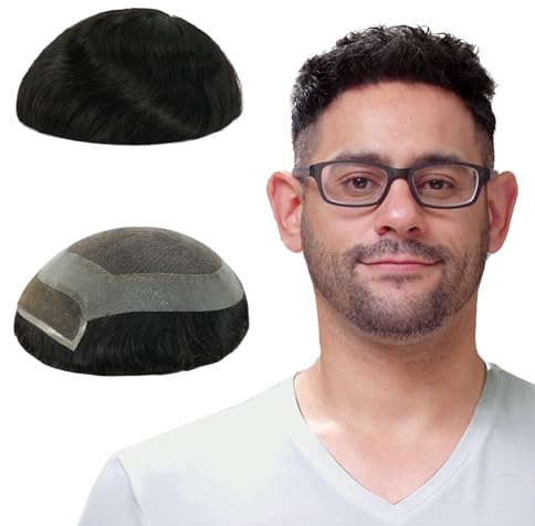 Lordhair Toupet Capelli Umani da Uomo, 100% Capelli Umani, con Pizzo Francese e Bordo della Pelle, Nero 1B, 15x20 cm