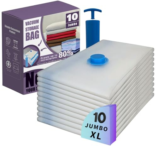 Nellivia 10 XL Jumbo Vacuum Storage Bags with Pump, Extra Large Compression Space Saver for Comforter, Duvet, Bedding, Blanket Storage, Vacuum Seal Bags for Clothing, Luggage Closet Organizer