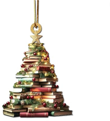 Julboksträd prydnad, bokälskare julprydnad träd bokhylla prydnad, akrylträd hänge present till hennes bibliotekarie, läsning vintage bok julprydnad för julgransdekorer