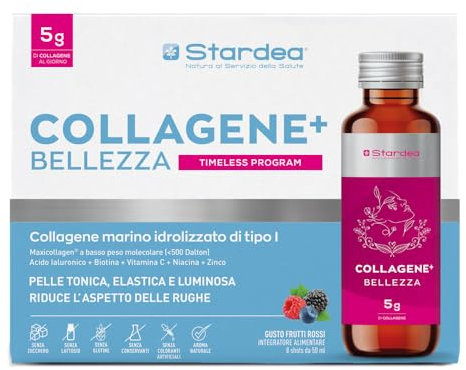 COLLAGENE MARINO e ACIDO IALURONICO 8 Flaconcini da Bere | 5g Collagene Marino idrolizzato e Acido ialuronico + Vitamina C + Biotina + Zinco + Niacina | STARDEA COLLAGENE + BELLEZZA SHOT