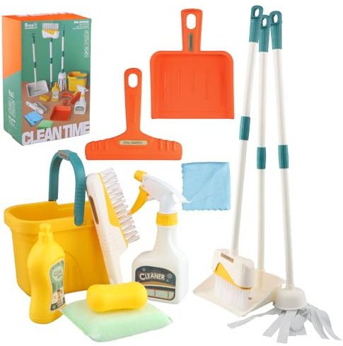 Focenat Putzset für Kinder, 12 Stück Kinder Reiniung Set, Kinder Besen Set, Haushalt Spielzeug Set, Spielzeug Reinigung Kinder, Schaufel und Besen Set für Mädchen und Jungen, ab 3 Jahren