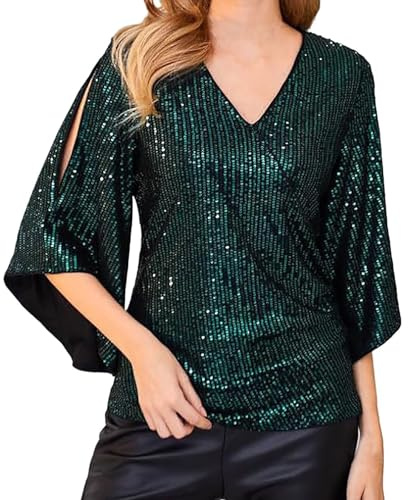 Chanpning Bluse Pailletten Damen 3/4 Ärmel V-Ausschnitt Pailletten Glitter Party Cocktail Top Bluse Mesh Locker Longshirt Glitzer Festliche Oberteile Abend Glitzertop Langarmshirt