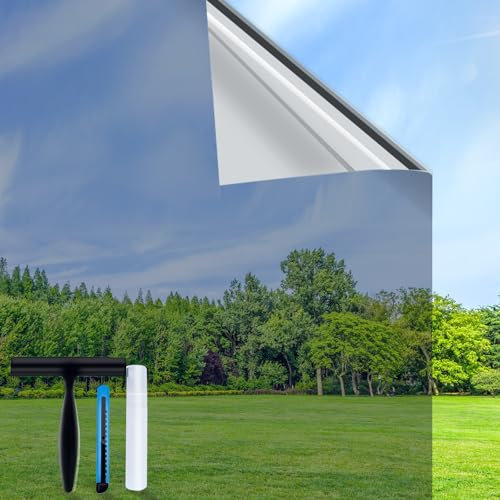 Volcanics One Way Window Film Privacy Film for Glass Windows, Heat Reflective Mirror Window Tint Film Home, Anti Glare Static Cling Window Stickers, Silver 44.5 x 200CM