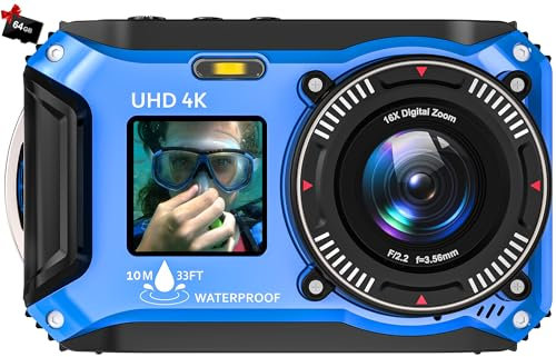 Digital Camera - 4K 56MP 33FT UHD Underwater Camera for Snorkeling with 32GB Card Dual-Screen Compact Waterproof Dustproof Floatable Camera - Autofocus Point and Shoot Digital Camera 1500mAh Battery
