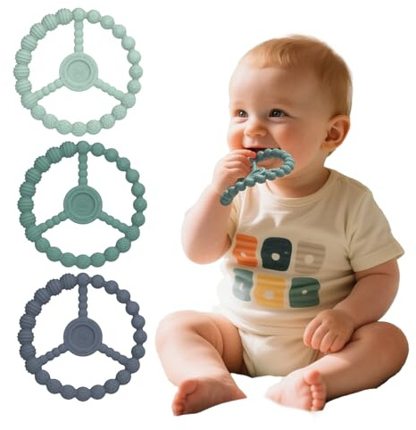 Baby Teething Rings 3 Pack, Silicone Teether Toys for Babies 0-6 & 6-12 Months, Freezable Ring Teethers Toddler Chew Relief Essentials, Infant Boys & Girls Stocking Stuffers (Mint Green Blue)