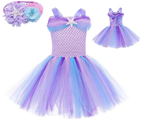 Sjöjungfru tutu klänning för flickor, prinsesskostym med pannband nät tyllkjol med hårband klä upp barn högtid dans födelsedagsfest halloween cosplay lila outfit