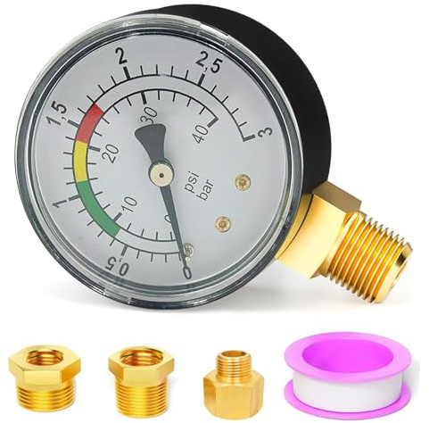 JEONDFG vattenmanometer, 1/4 tums pool tryckmanometer, precision dubbelskala, robust mässing-rostfritt stålhölje, enkel installation, hållbar, mångsidig, för pool, fiskdammar och akvarier
