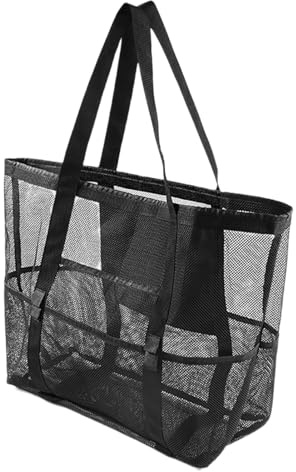 Strandväska | Rymlig strandbollsväska | Andningsbar nätpåse för livsmedelsförvaring | Multifunktionell väska perfekt för Beacch-resor, shopping, picknick och föremål, svart, Consulte la descripción