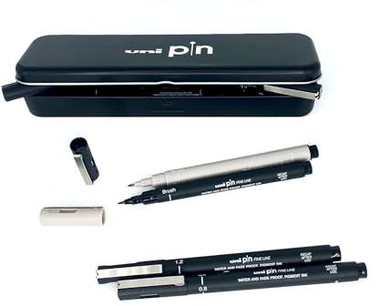 UNIBALL PIN, Plumier 8 Feutres calibrés et brush - Ecriture et Dessin | Uni Mitsubishi Pencil - Encre de Chine pigmentée, waterproof et infalsifiable - Manga, croquis, illustration et calligraphie