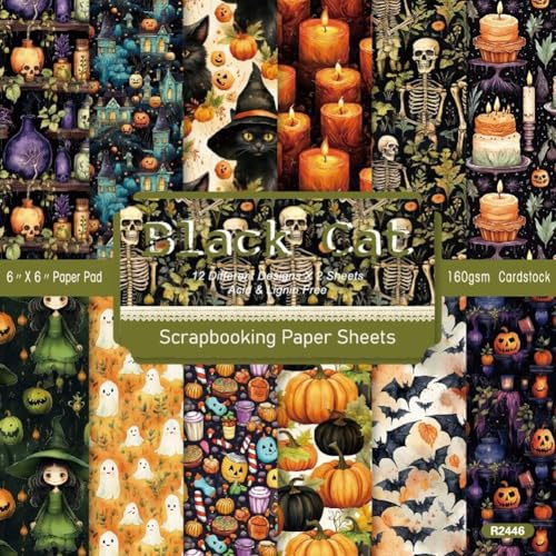 CRASPIRE 24 Sheets Scrapbook Paper Hallowmas Pumpkin Black Cat Bat 6x6in Scrapbooking Paper Art Junk Journal Decor for Planner Wrapping Folded Card Making Supplies Gift Cardstock DIY Craft Photo Album