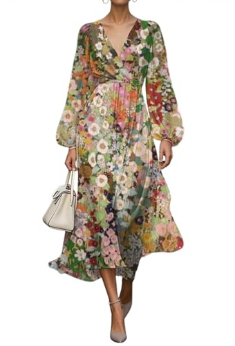 shownicer Robe Femme Chic Et Elegant Manches Longues Robe Longue De Ceremonie Imprimé Fleurs Robes Automne Hiver