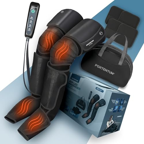 PORTENTUM Pressoterapia linfodrenaggio – Massaggiatore gambe con calore regolabile – 5 intensità compressione ad aria – Telecomando – Sollievo gambe stanche e migliore circolazione – Borsa trasporto