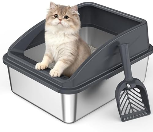 FURTIME Stainless Steel Cat Litter Tray with Detachable Enclosure, 21cm High Sided Cat Litter Box Anti-Spillage and 44cm Litter Tray with Lid for All Cats, with Litter Scoop, 44x33x21cm（Grey ）