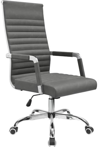 Furmax Ribbed Office Desk Chair Mid-Back PU Leather Executive Conference Task Chair Adjustable Swivel Chair with Arms (Bicolor Vintage Grey)