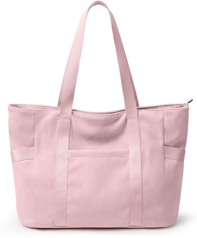KALIDI Corduroy Tote Bag Large Pink Tote Bag with Zip Pockets Cord Tote Bags for Women School Work College Uni