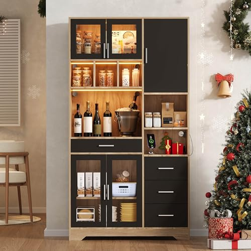 Yrxin Estantería de cocina, estilo granja, armario alto, armario de almacenamiento, armario de vitrina, estantes ajustables, luces LED que cambian de color y enchufe, 185 × 100 × 40 cm