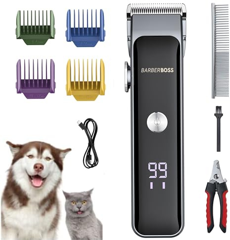 BarberBoss Kit de toilettage sans fil pour chiens et chats, tondeuse silencieuse pour fourrure épaisse et mate, tondeuse pour animaux de compagnie avec écran LED, ensemble complet de toilettage