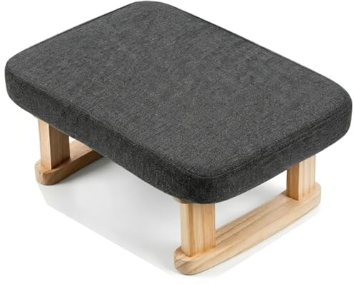 Foot Stool, Linen Pouffe Footstool with Removable Cover and Wooden Legs | Small Ottoman and Under-Desk Footrest for Living Room, Bedroom and Office (Dark Gray)