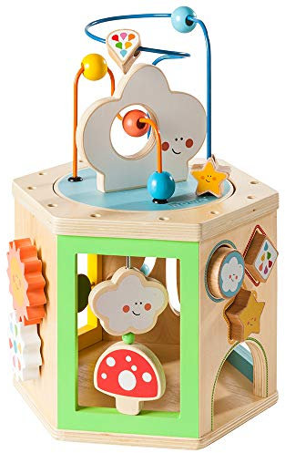 howa Motorikspielzeug My Rainbow, 6-seitiger Motorikwürfel aus Holz mit Steckwürfel, Schiebeelement, Motorikschleife und drehbaren Holzdetails, Baby Spielzeug 6010