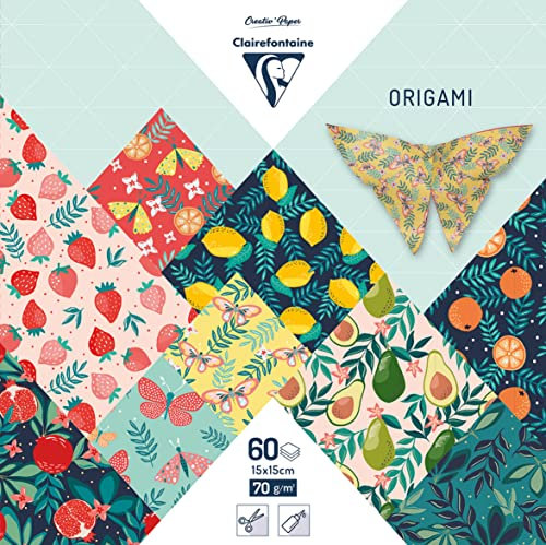 Clairefontaine 95357C – 60 Blatt Origami-Papier, 70 g/m², Format 15 x 15 cm, 30 verschiedene bunte Motive (2 Blatt pro Motiv), kreative Hobbys für Erwachsene und Kinder, Kollektion fruchtiger Garten
