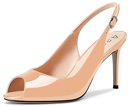 Aachcol Femmes Aiguille Ouvert Bout Escarpins Bloc Chunky Mi Haut High Talon Heel Slingback Lanières Cheville Sandales Dress Chaussures Party Beige Vernis 8.5 CM 42 EU
