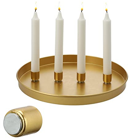 Plato decorativo redondo de 30 cm de diámetro con 4 soportes magnéticos para velas | portavelas DIY para decoración en negro o dorado, bandeja decorativa con borde (1 juego en dorado)
