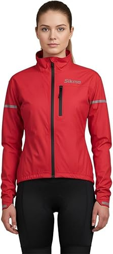 Sikma WOMEN CYCLING JACKET LADIES RAIN COAT WATERPROOF WATER RESISTANT JACKET RUNNING CASUAL TOP OUTDOOR (Red,XS)