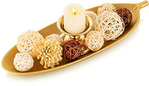 Hanobe Schmuckschale Dekotablett Holztablett Länglich: Deko Tablett Klein Gold Blatt Schale für Schlüssel für Kerzen Teelichter Vintage Lang Kerzentablett Schmal für Küche Kaffee Tisch