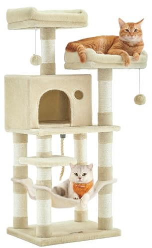 Feandrea Kratzbaum, 111 cm hoch, Katzenbaum mit 7 Kratzsäulen, 2 Plattformen, 1 Katzenhöhle, 1 Hängematte, 2 Plüschbällen, Kurzflor-Plüsch, mehrstöckiges Design, beige PCT215M01