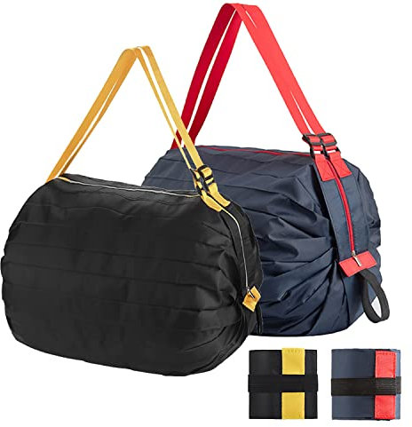 Lllunimon Återanvändbar shoppingväska vikbar livsmedelsförvaring tygväska organdil stil vikbar Oxfordtyg bärbar duffel för shopping, Marinblå och svart, Large