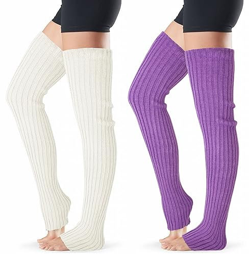 XEPST 2 Paare Stulpen Damen Lange Winter Beinwärmer, Stulpen Mädchen Beinstulpen Damen Stricken Häkelarbeit Pulswärmer Leg Warmers Stiefel Boot Abdeckung für Winterwärmer (Lila, Beige)