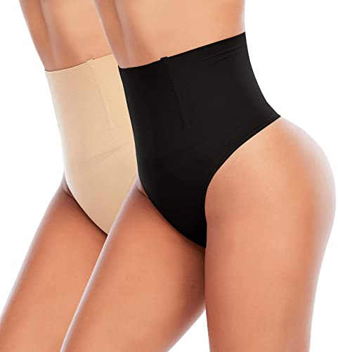 Werkiss Shapewear Thong for Women Tummy Control Knickers High Waisted Thongs Slimming Body Shaper Shaping Underwear(#1 Black+beige-mid Waisted, M