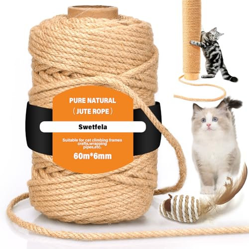 Swetfela 60M Sisal Rope for Cat Scratcher, 6MM Rope for Scratching Post, With Mouse Toy, String for Post Tree Replacement, Gardening Bundling, Craft Decoration
