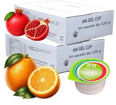 AM Gel Cup Acquagel, Acqua Gelificata, Arancia con Edulcorante 24 Vasetti da 125g + Granatina con Edulcorante 24 Vasetti da 125g, Totale 48
