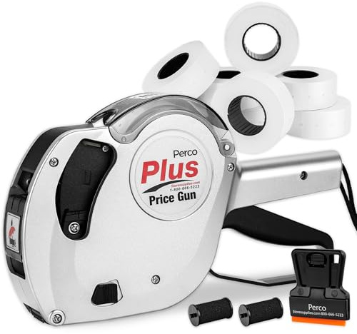 Perco Plus 1-Line Price Marking Gun with Labels Kit - Compares to Monarch 1131-01 Band Includes 1-Line 8-Character Band Price Labeler Gun, 9,000 Blank White Labels, a Label Scraper, and an Extra Inker