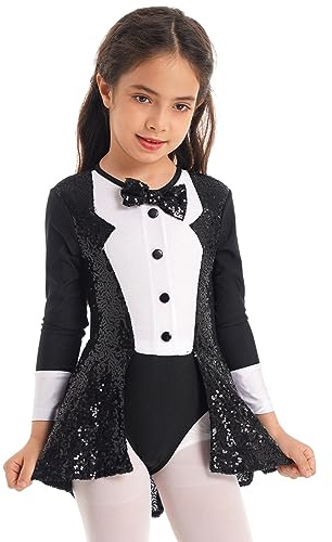 Alvivi Abito da Balletto Balleria per Bambina Ragazza Abito da Domatrice Circa Paillettes Abito da Prestazioni Vestito da Pattinaggio Abito da Ballo Salsa Rumba Dancewear Nero 3-4 Anni