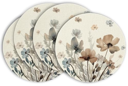 Artoid Mode Pittura a inchiostro selvaggio con fiori e foglie Primavera Set di 4 tovagliette, 37 cm Autunno Decorazione da tavolo per la cucina Interni Decorazione per feste e vacanze
